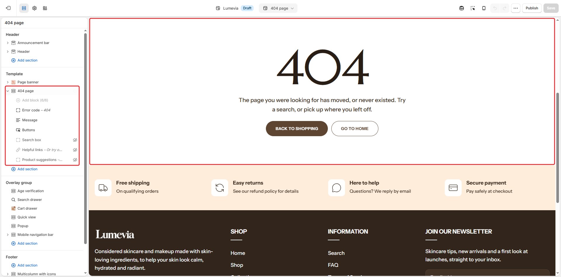 The 404 page section in the theme editor
