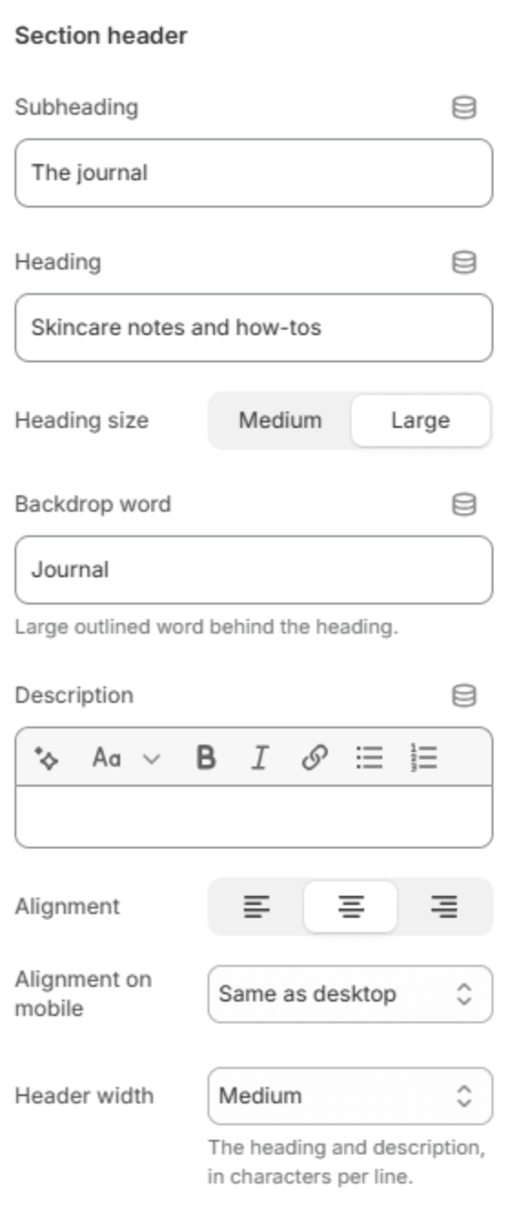 Section header settings