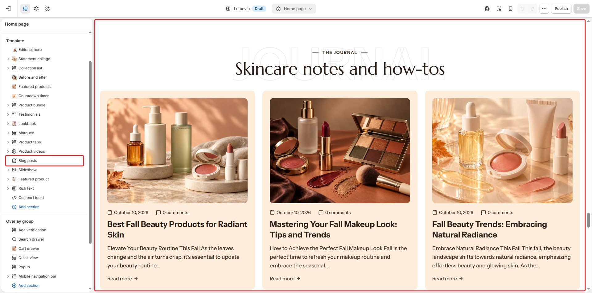 The Blog posts section in the theme editor