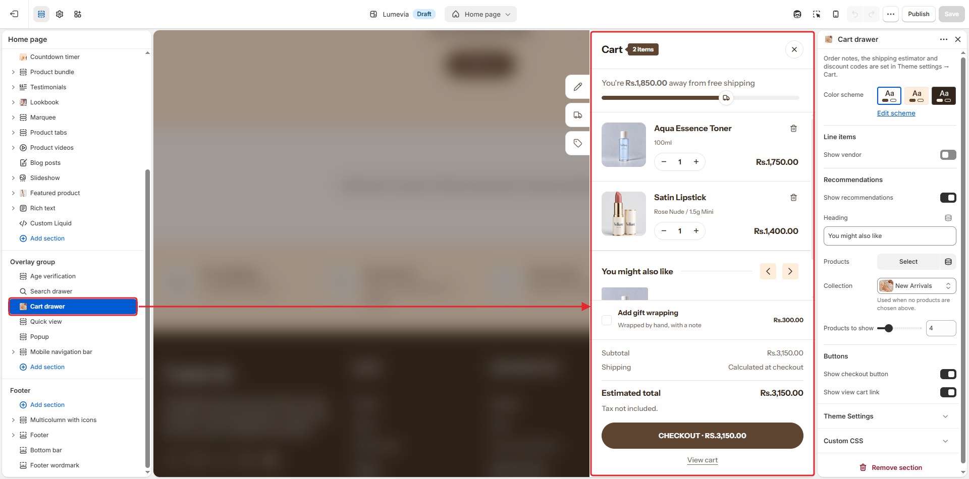 The Cart drawer section in the theme editor