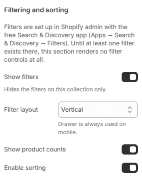 Filtering and sorting settings