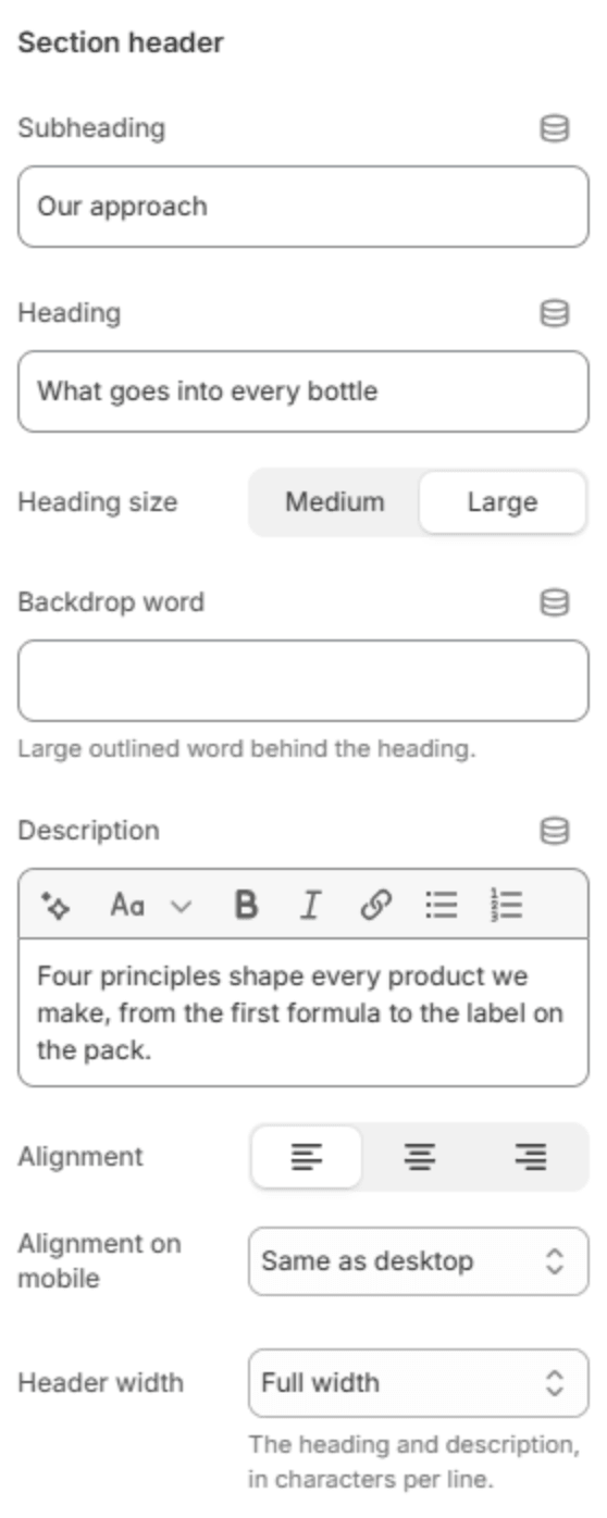 Section header settings