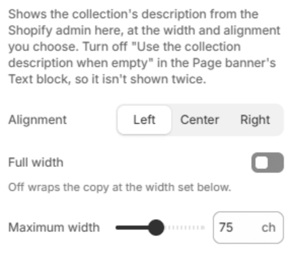 Collection description block settings