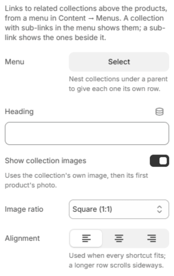 Category shortcuts block settings
