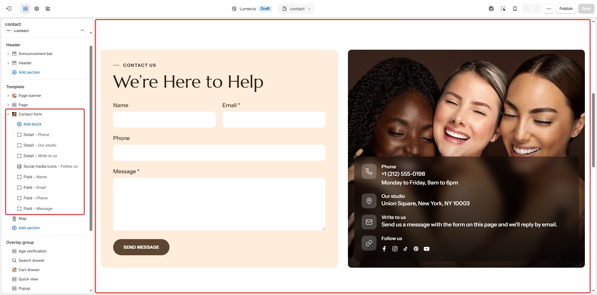 The Contact form section in the theme editor