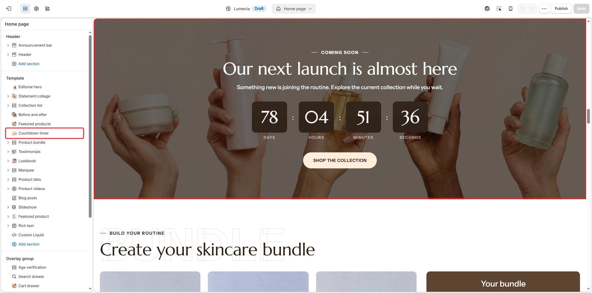 The Countdown timer section in the theme editor