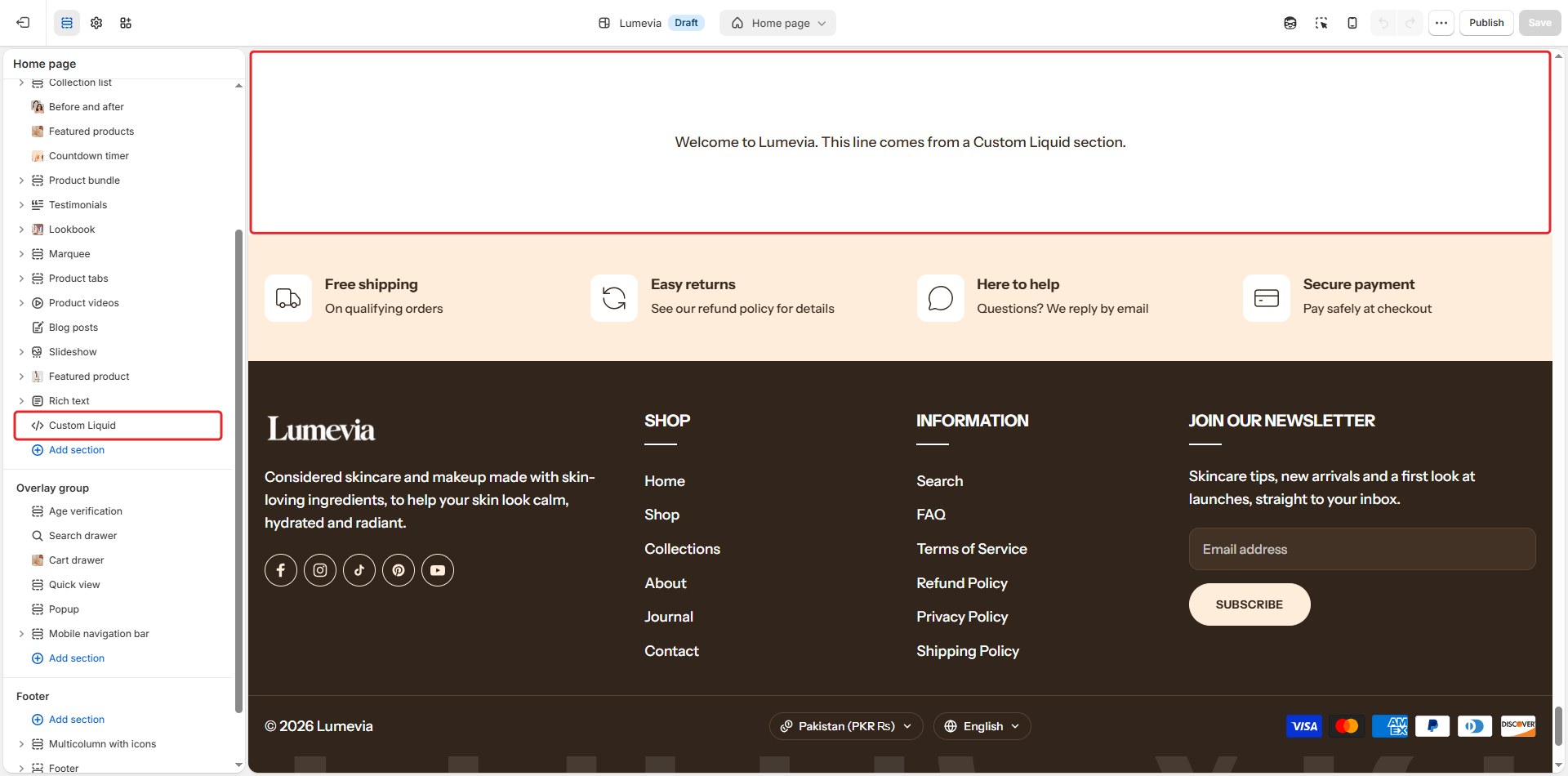 The Custom Liquid section in the theme editor