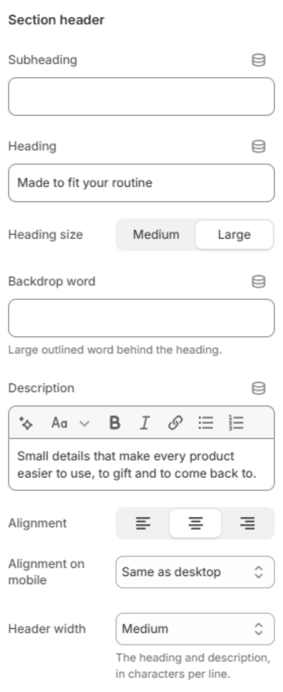 Section header settings