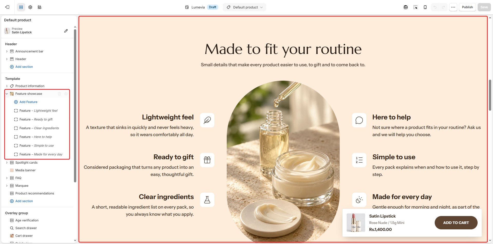 The Feature showcase section in the theme editor