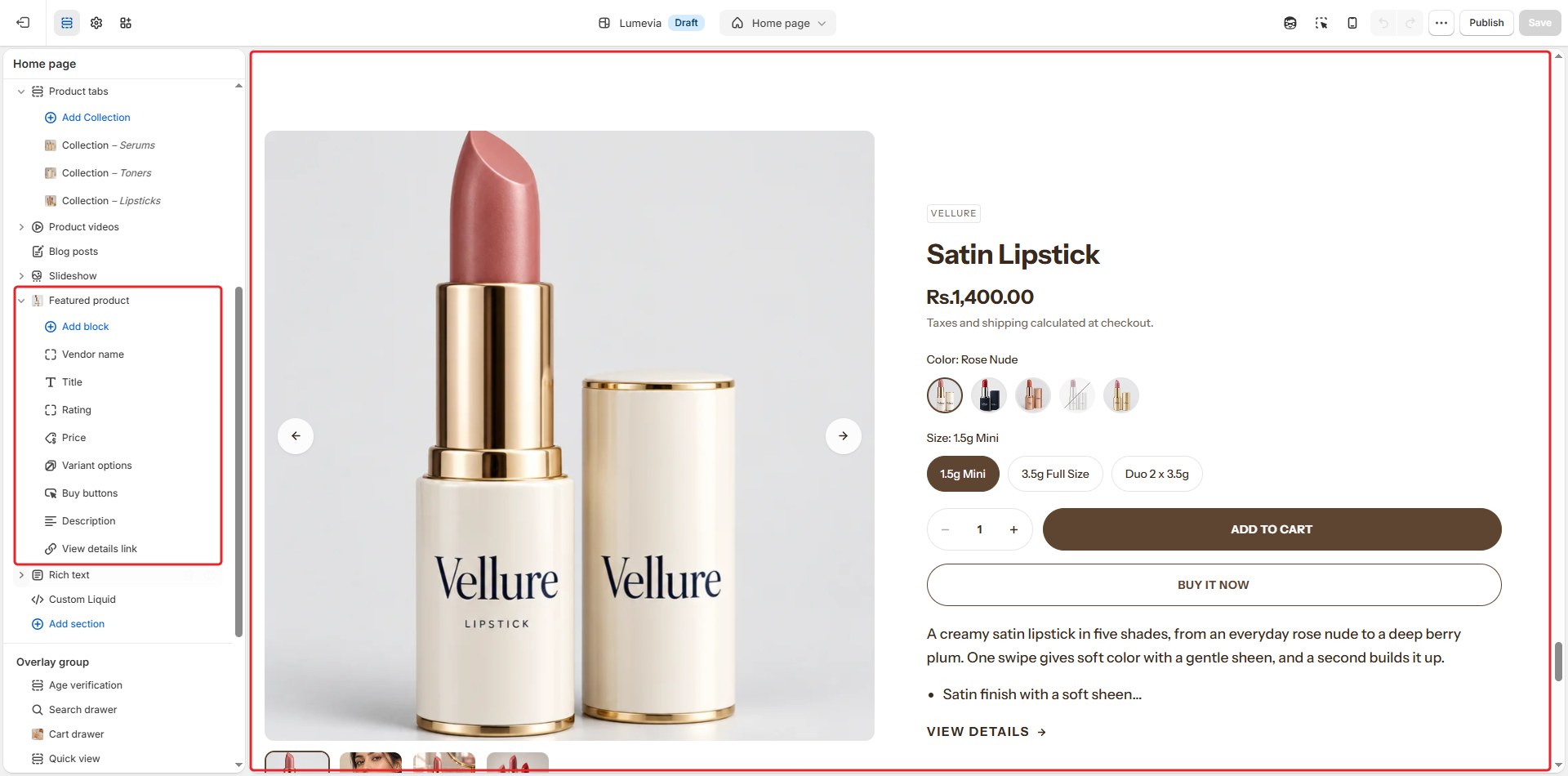 The Featured product section in the theme editor