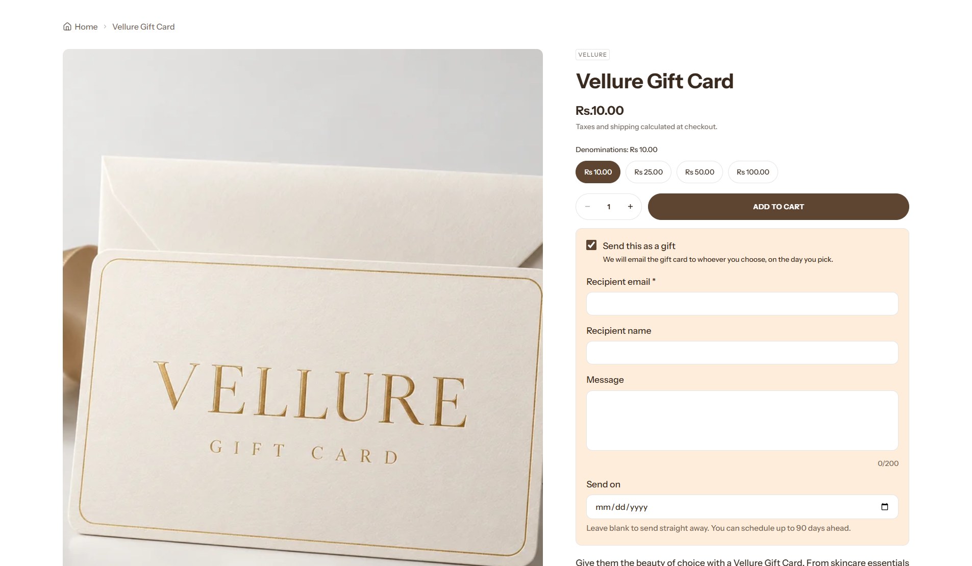A gift card product page with the recipient form open