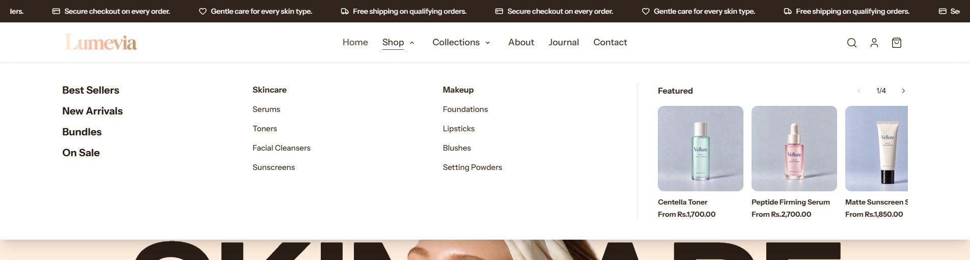An open mega menu with columns, a banner and a product row