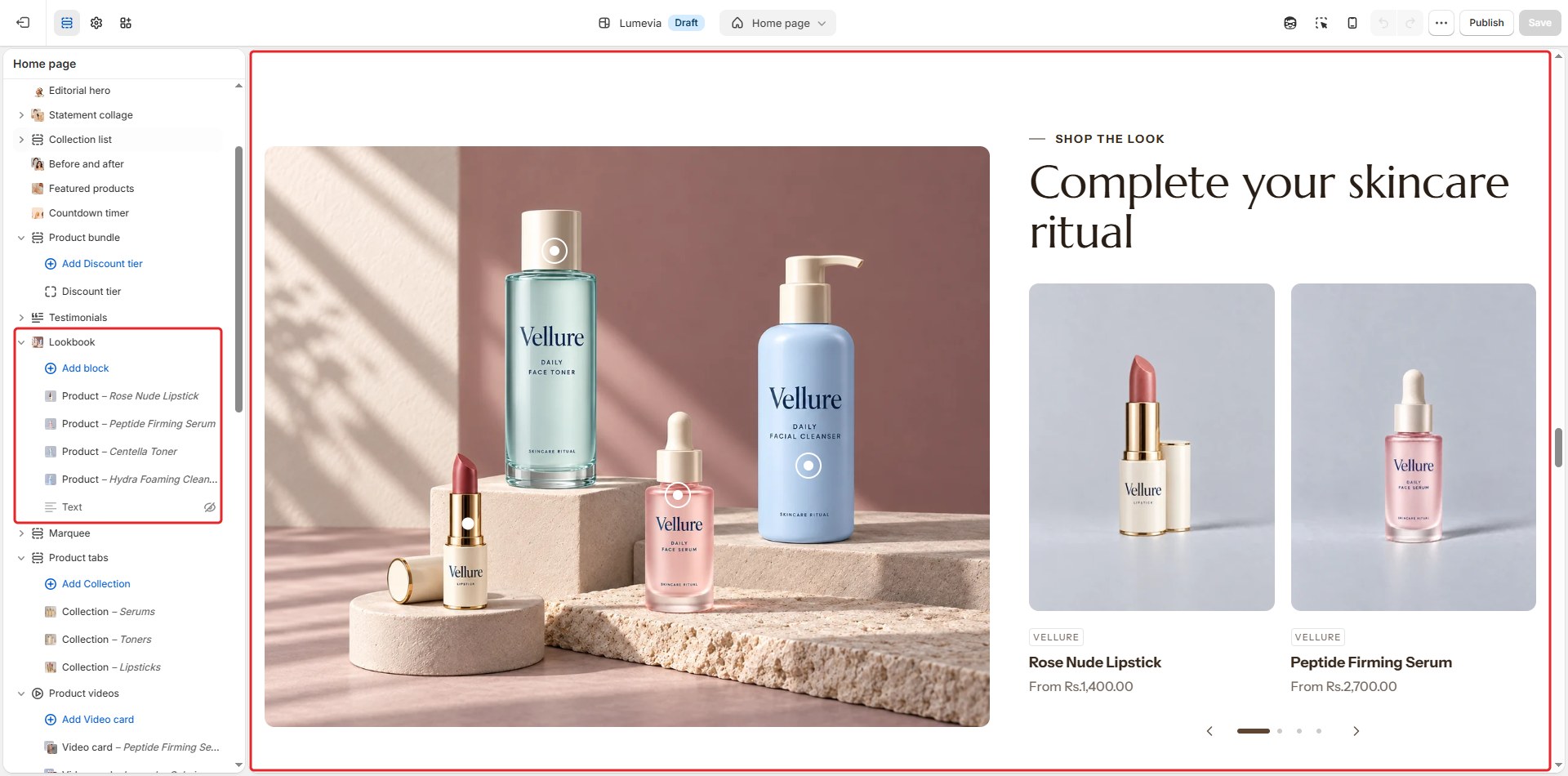 The Lookbook section in the theme editor