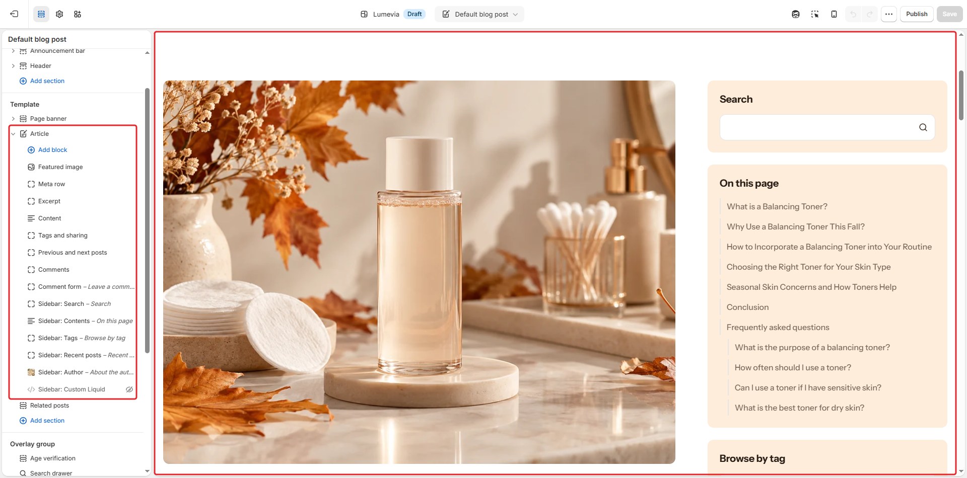 The Article section in the theme editor