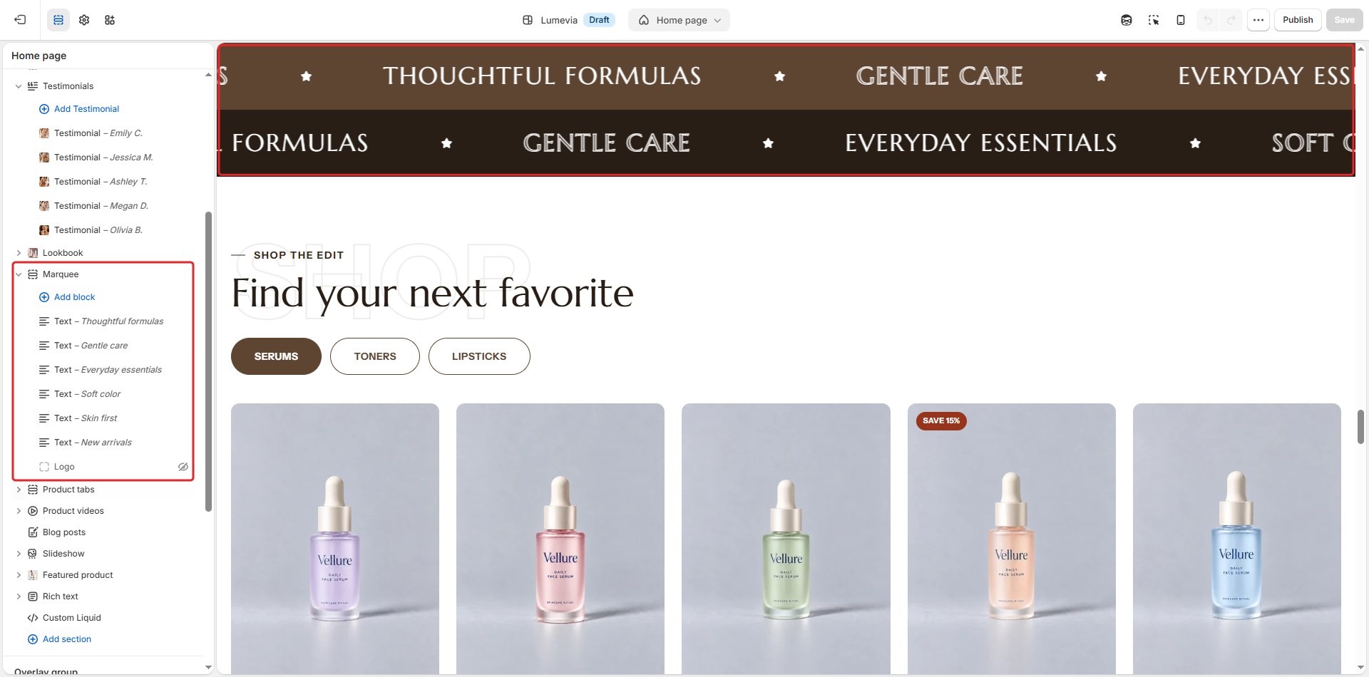 The Marquee section in the theme editor