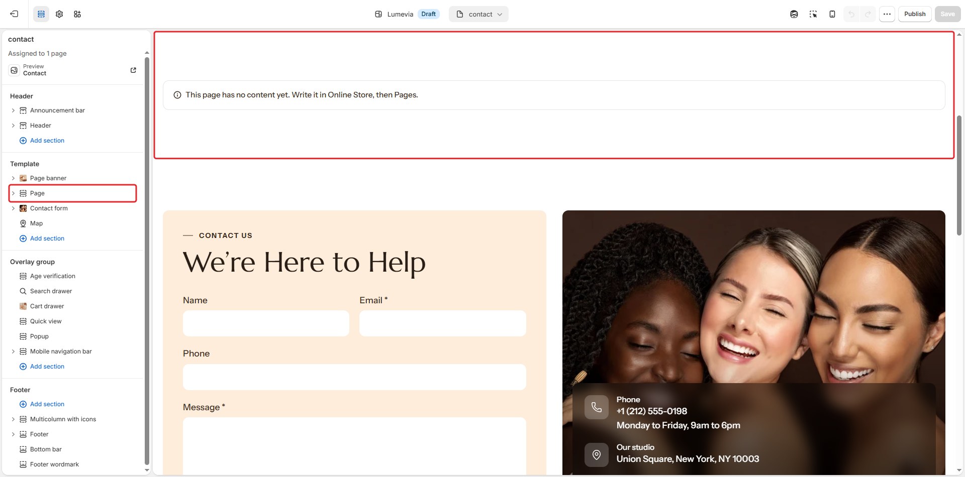 The Page section in the theme editor