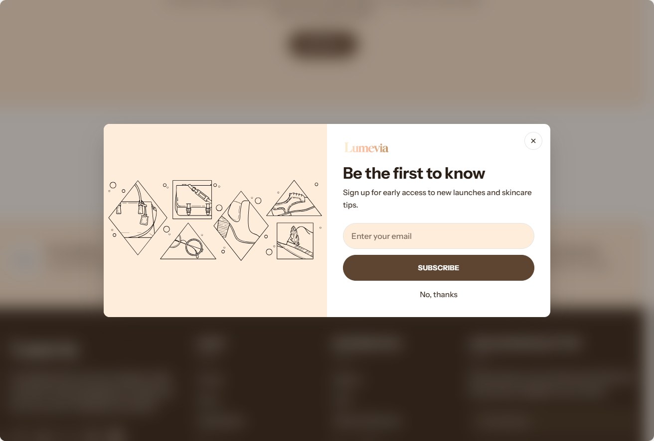 The popup, with an image and a sign-up form