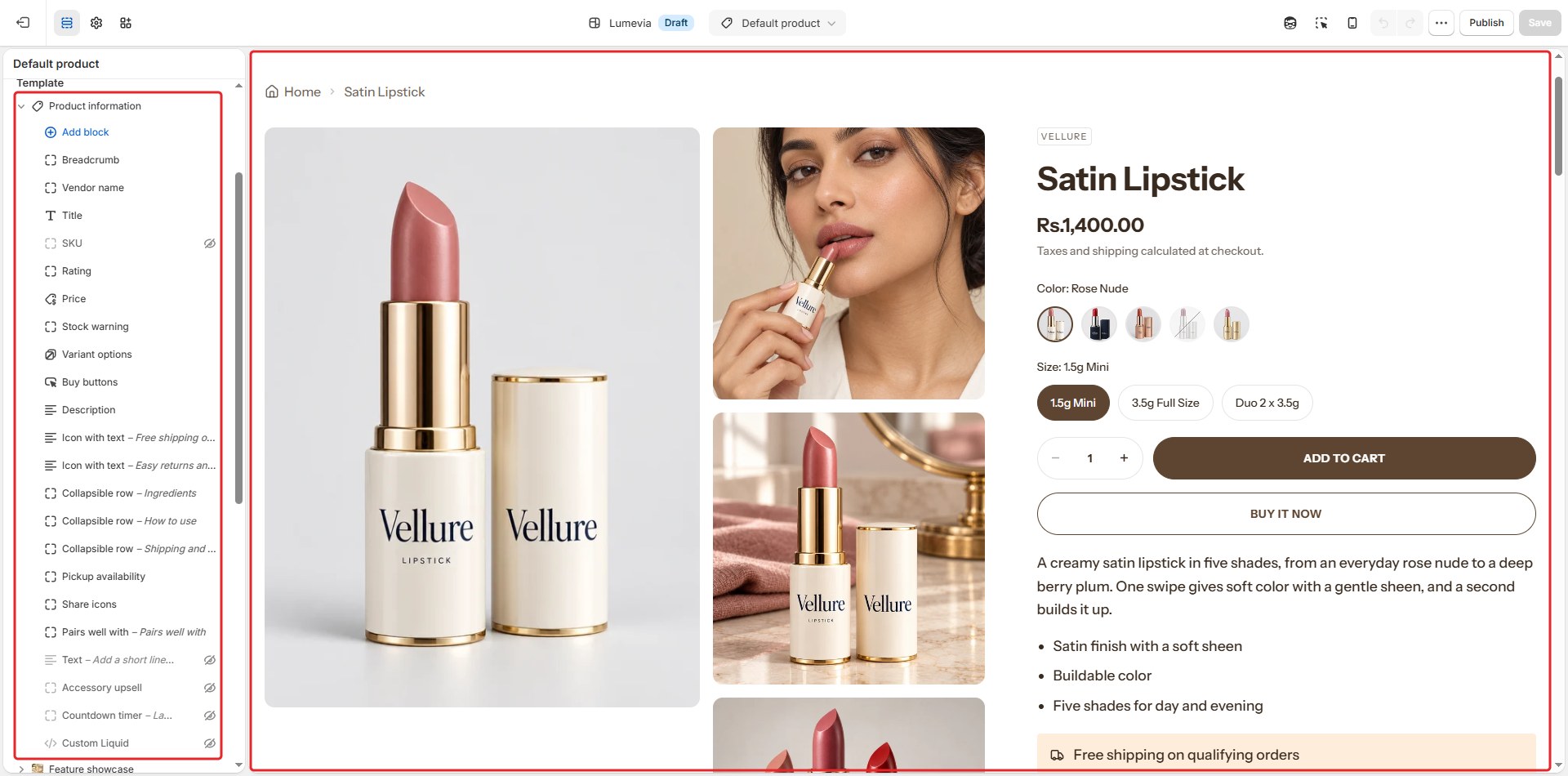The Product information section in the theme editor