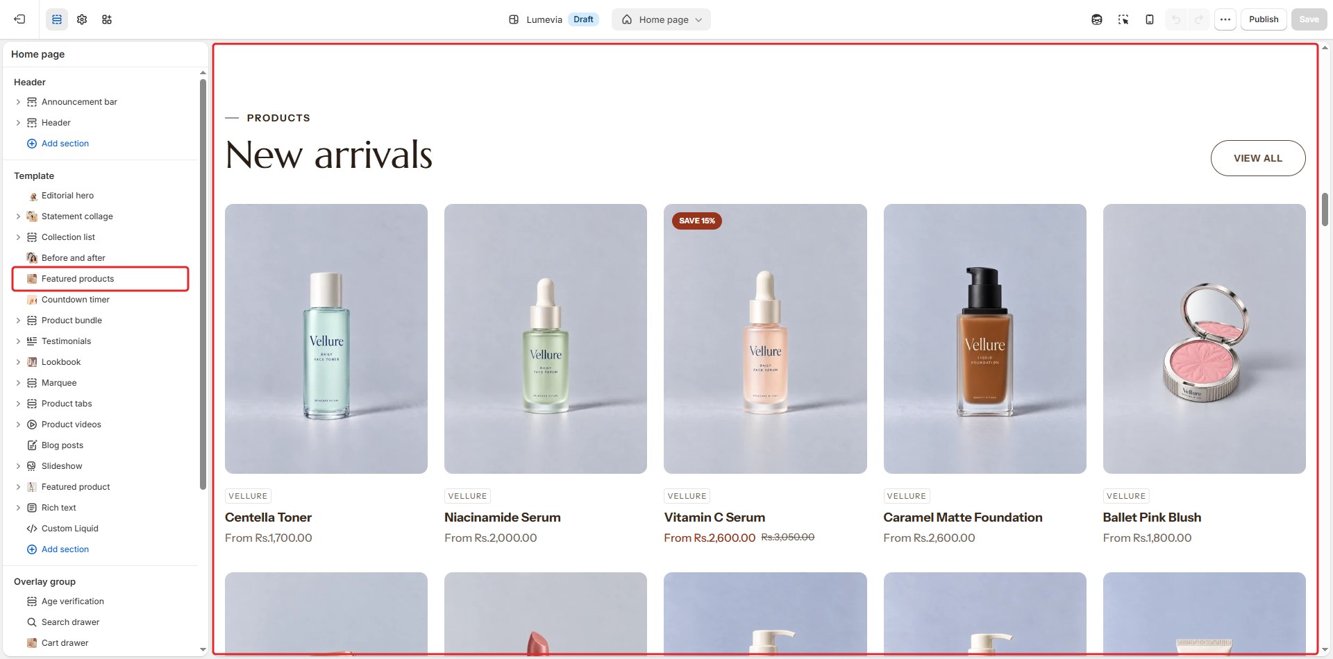 The Featured products section in the theme editor