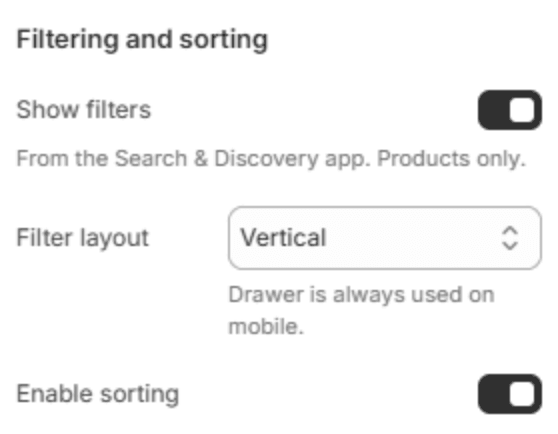 Filtering and sorting settings