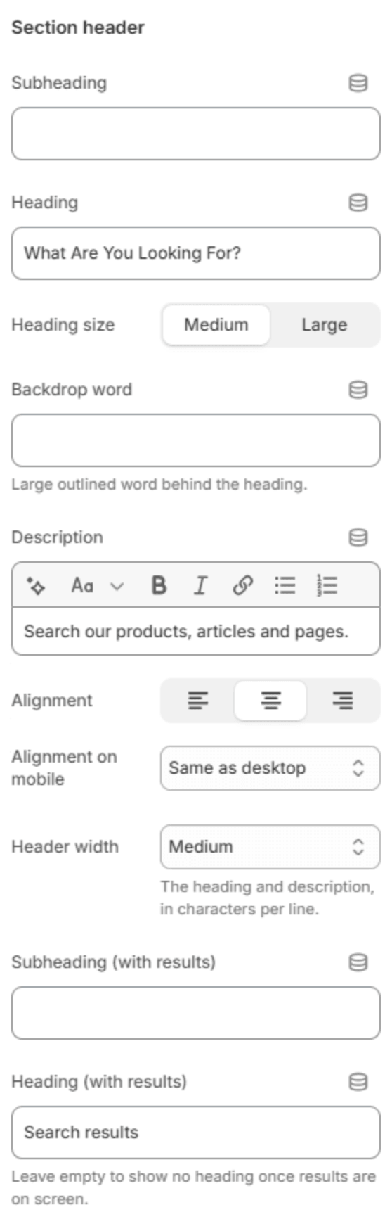 Section header settings