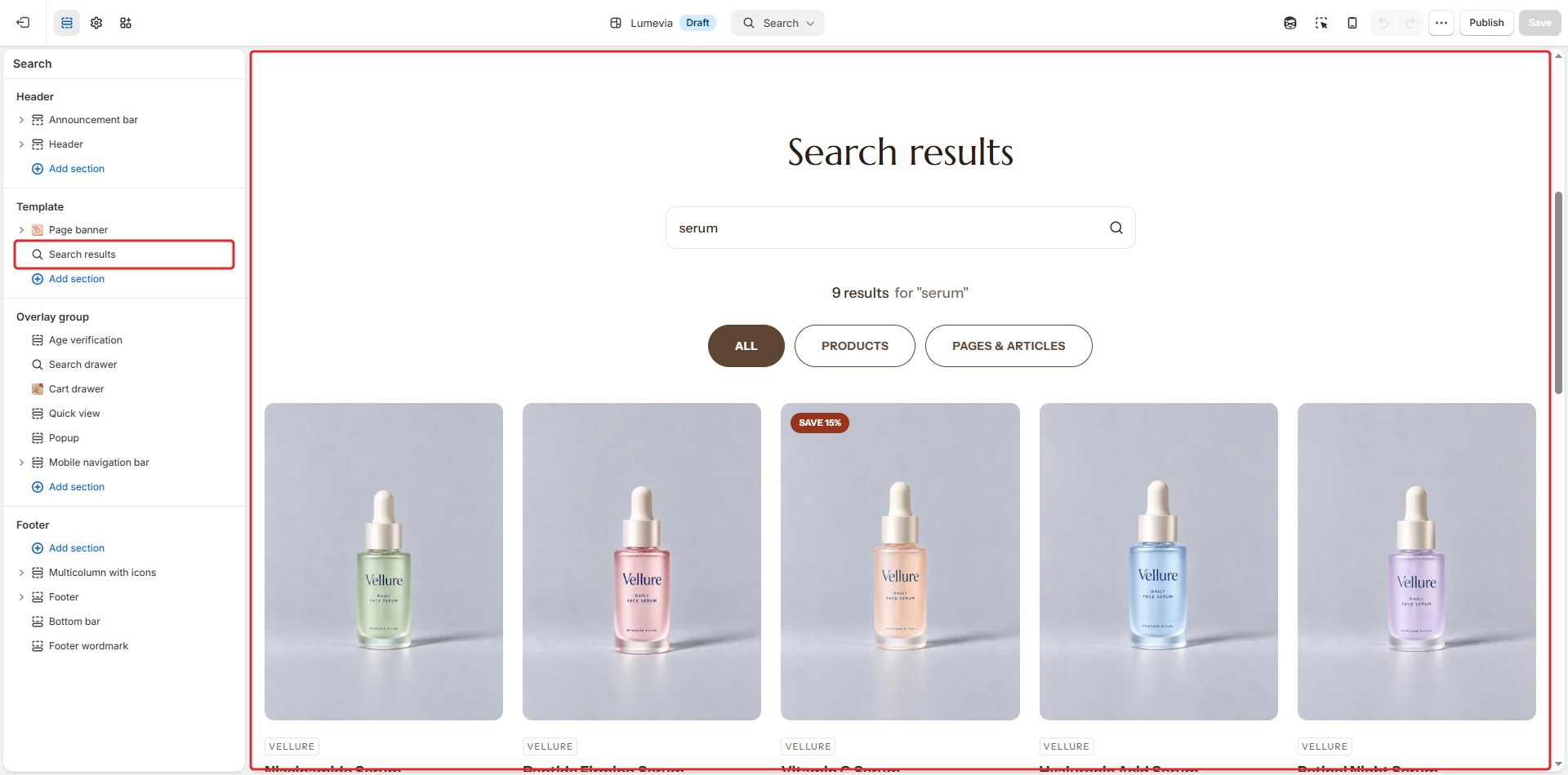 The Search results section in the theme editor