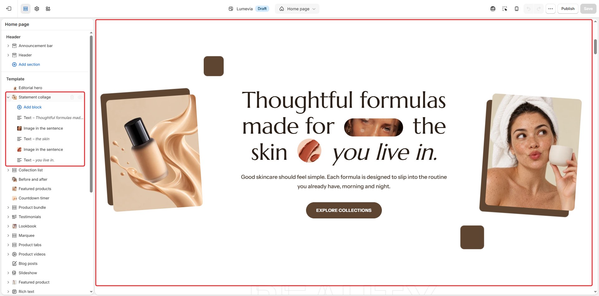 The Statement collage section in the theme editor