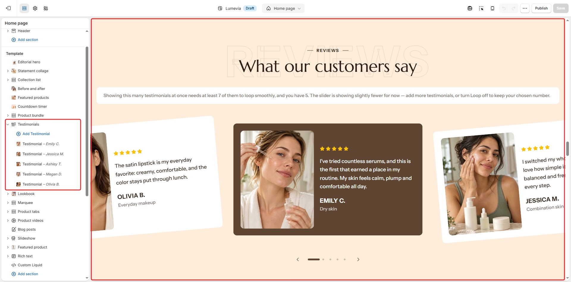 The Testimonials section in the theme editor