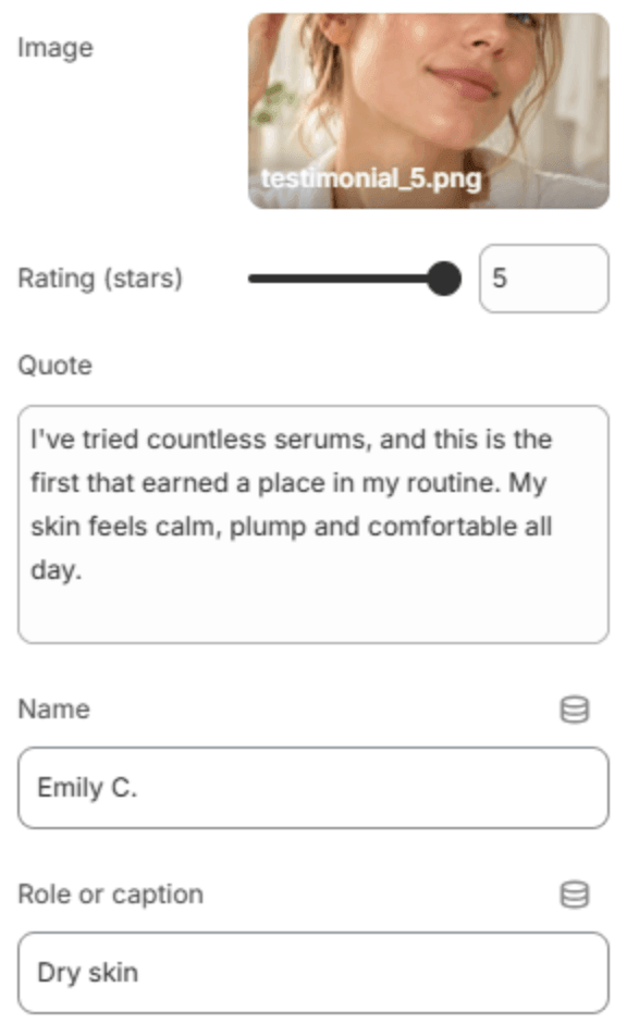 Testimonial block settings