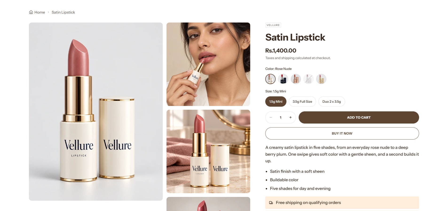 A product page with a swatch for each shade, showing the photos of the chosen one
